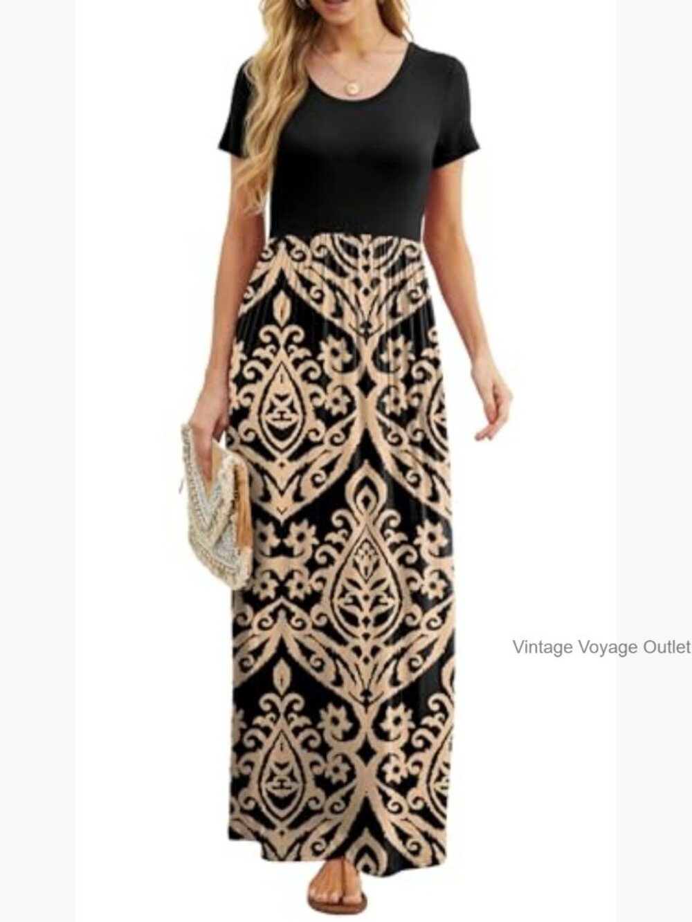 Women Summer Casual Maxi Long Dress Short Sleeve Crew Neck with Pockets - Picture 5 of 7